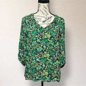 Banana Republic XS Black Green Floral V Neck Blouse Relaxed Fit Lightweight Boho